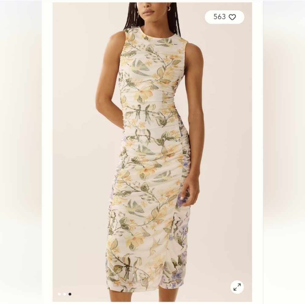 FARM Rio White Floral Ruched Sheath Dress with Yellow & Purple Flowers - Picture 4 of 9